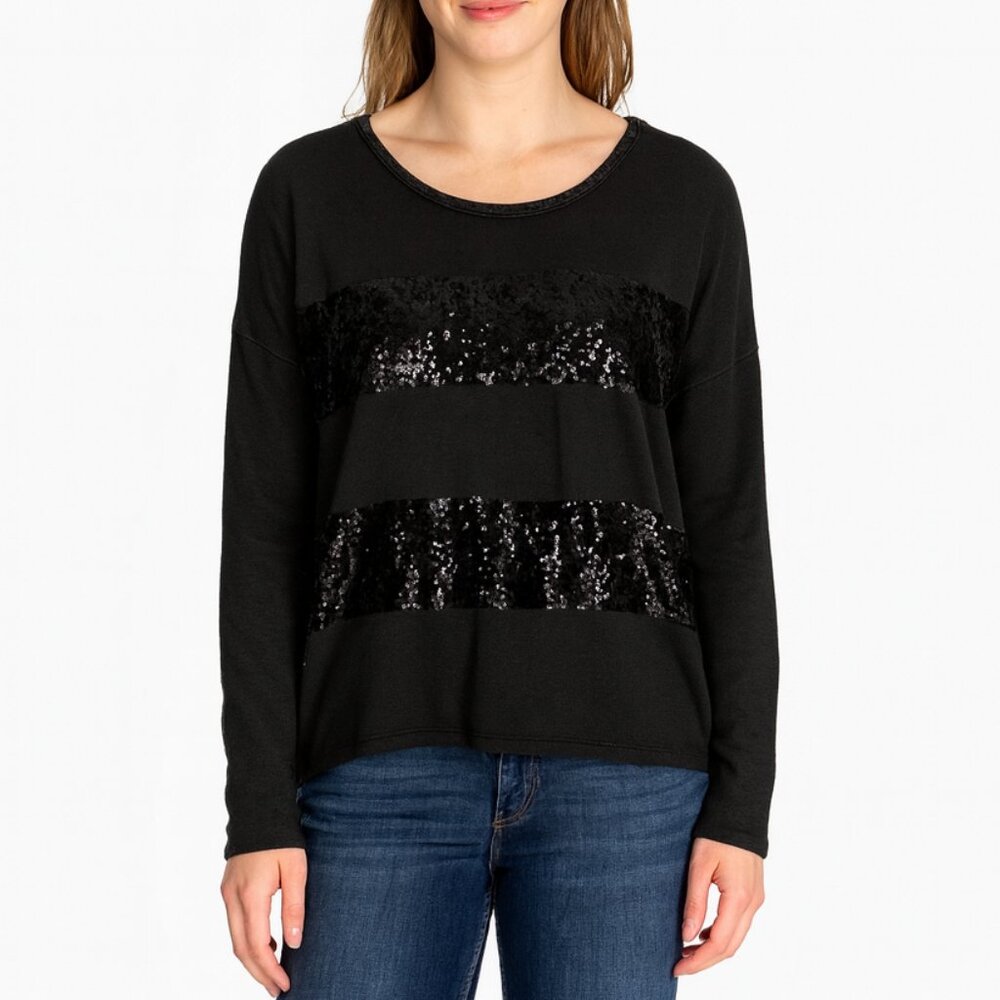 Charcoal Sequin Stripe Long Sleeve Knit Top L Black Party Glam Streetwear Vibes